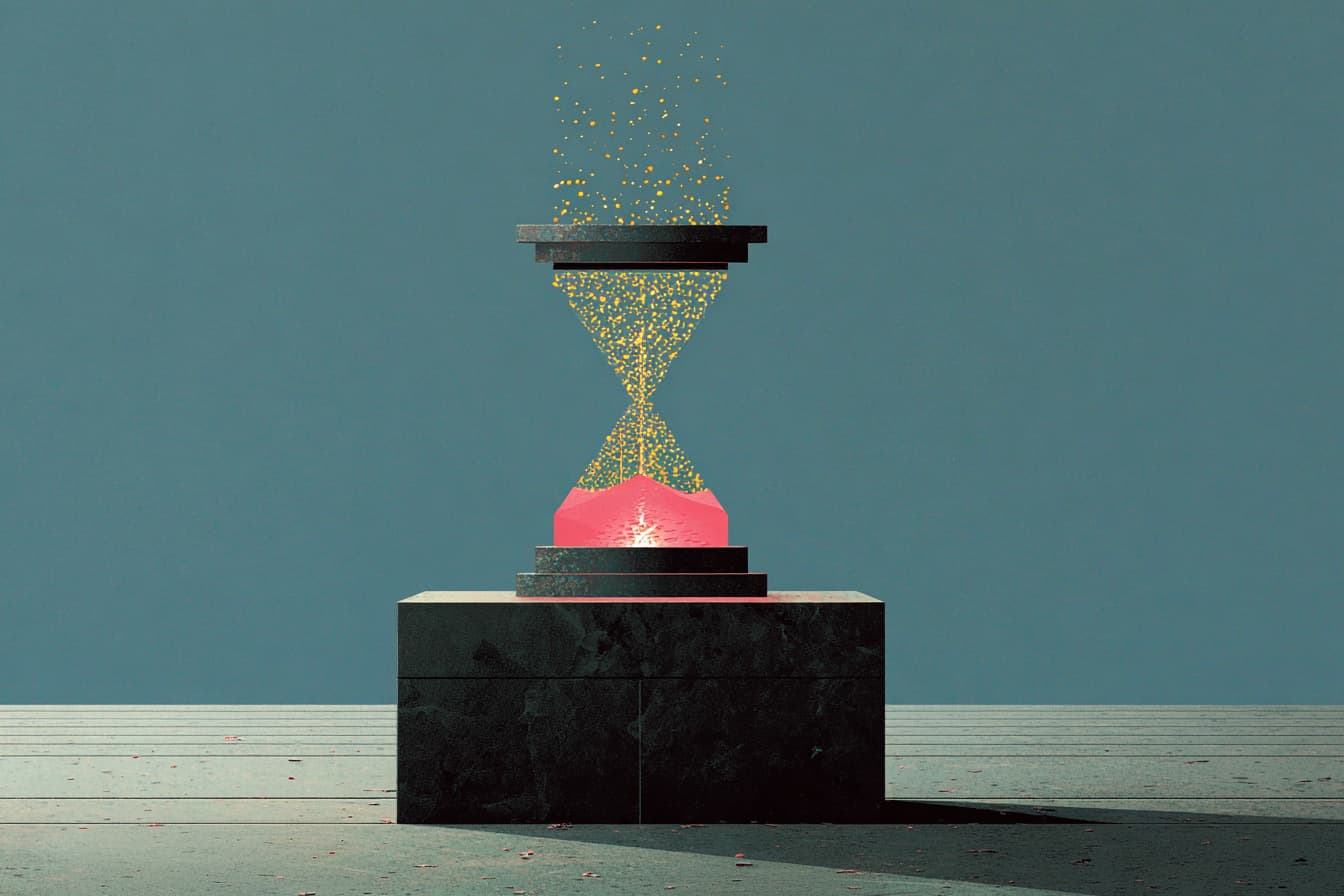 digital illustration of an hourglass filled with red sand and gold sparks digital illustration of an hourglass filled with red sand and gold sparks