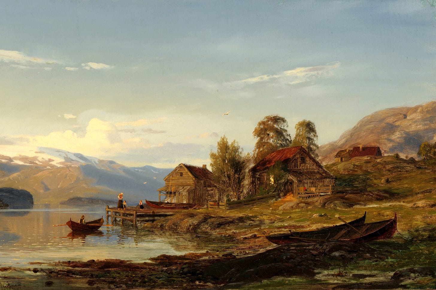 Detail from the 1871 painting 'By the fjord' by Amaldus Nielsen. | Lillehammer Kunstmuseum LKM.000216. Jørn Hagen. Digitaltmuseum.no. CC0 1.0 Universal. Detail from the 1871 painting 'By the fjord' by Amaldus Nielsen. | Lillehammer Kunstmuseum LKM.000216. Jørn Hagen. Digitaltmuseum.no. CC0 1.0 Universal.