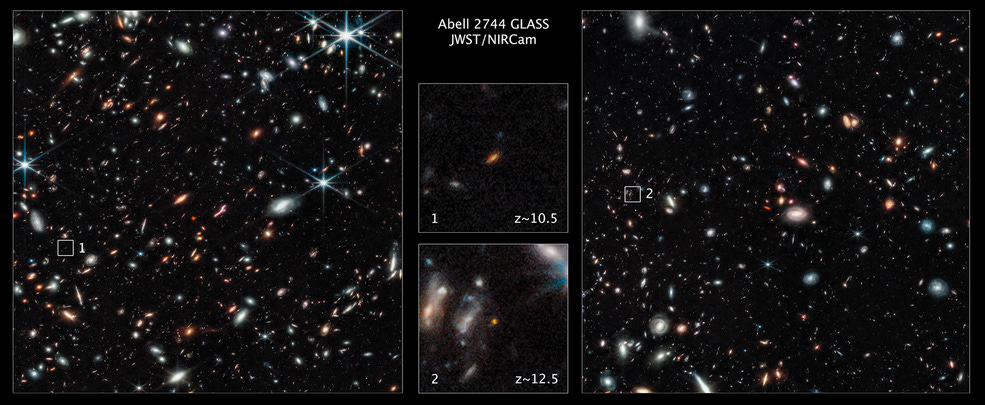 Image collage labeled "Abell 2744 GLASS JWST/NIRCAM." Two large frames, left and right, with countless white stars, interspersed with yellow and orange galaxies of various shapes on a black background. Two smaller center images are close ups two galaxies. Image collage labeled "Abell 2744 GLASS JWST/NIRCAM." Two large frames, left and right, with countless white stars, interspersed with yellow and orange galaxies of various shapes on a black background. Two smaller center images are close ups two galaxies.