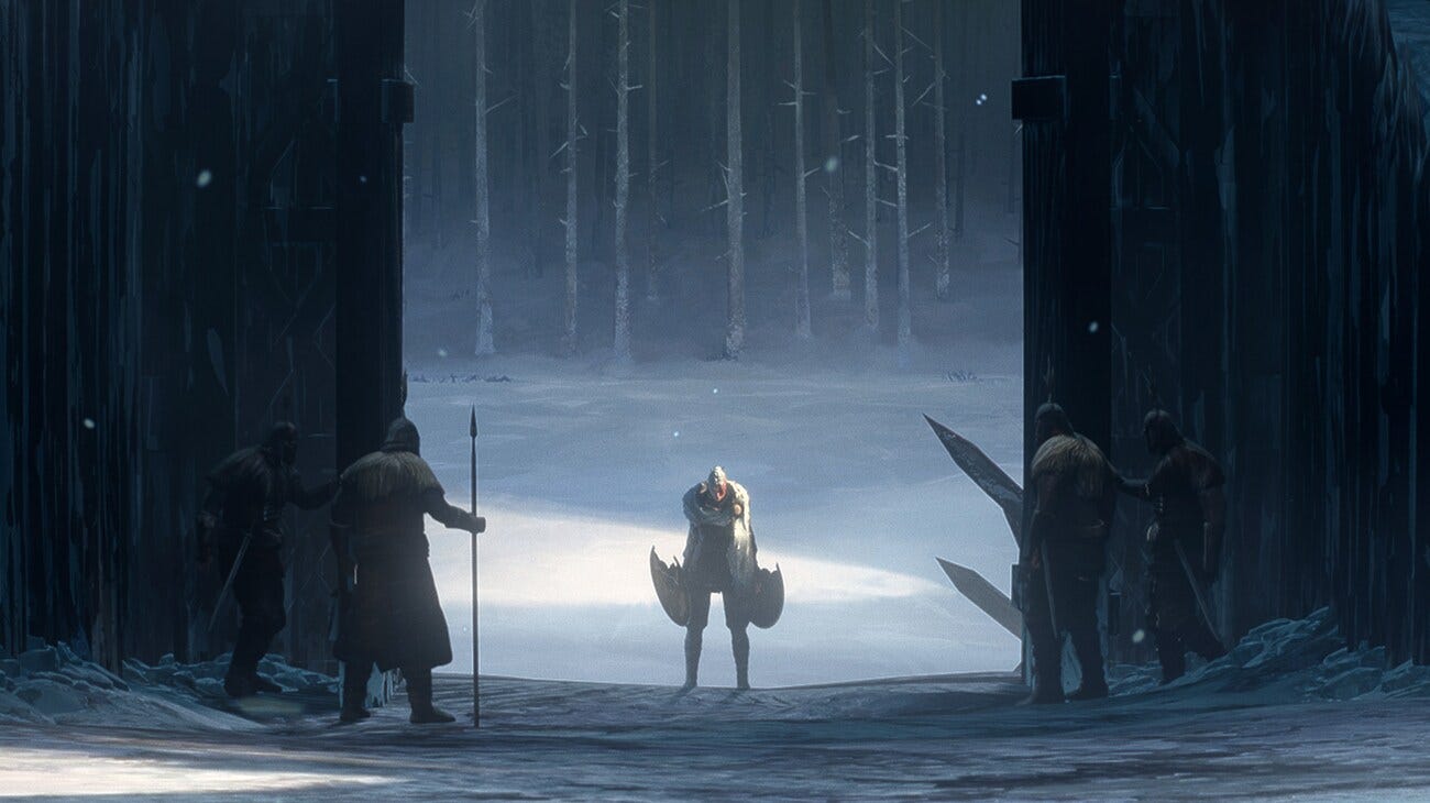 a viking warrior, holding two pieces of a broken shield, passes through a gate in Predator: Killer of Killers