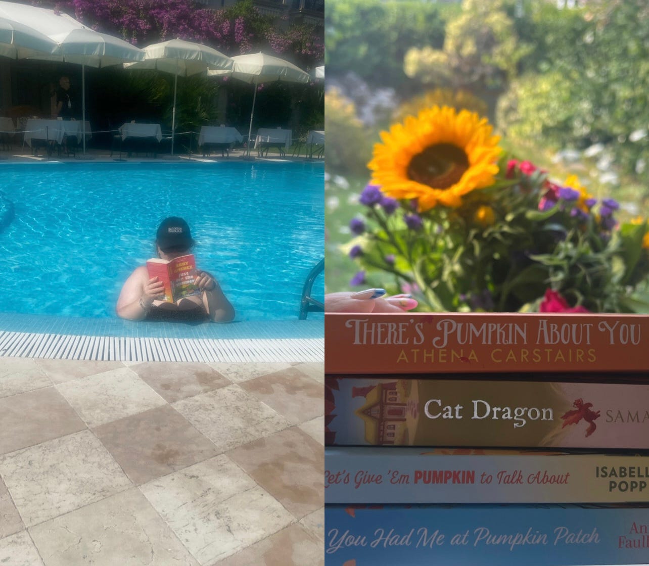 Danielle reading in a pool and then a pile of books