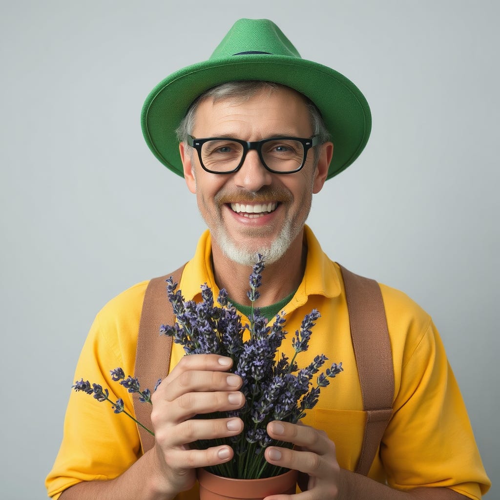 happy 40-year Caucasian man with vivid color casual clothes wearing a green hat, wearing contrasting vivid color accessories reflecting failure isolated on vivid contrasting bright grey background with space. High-quali2