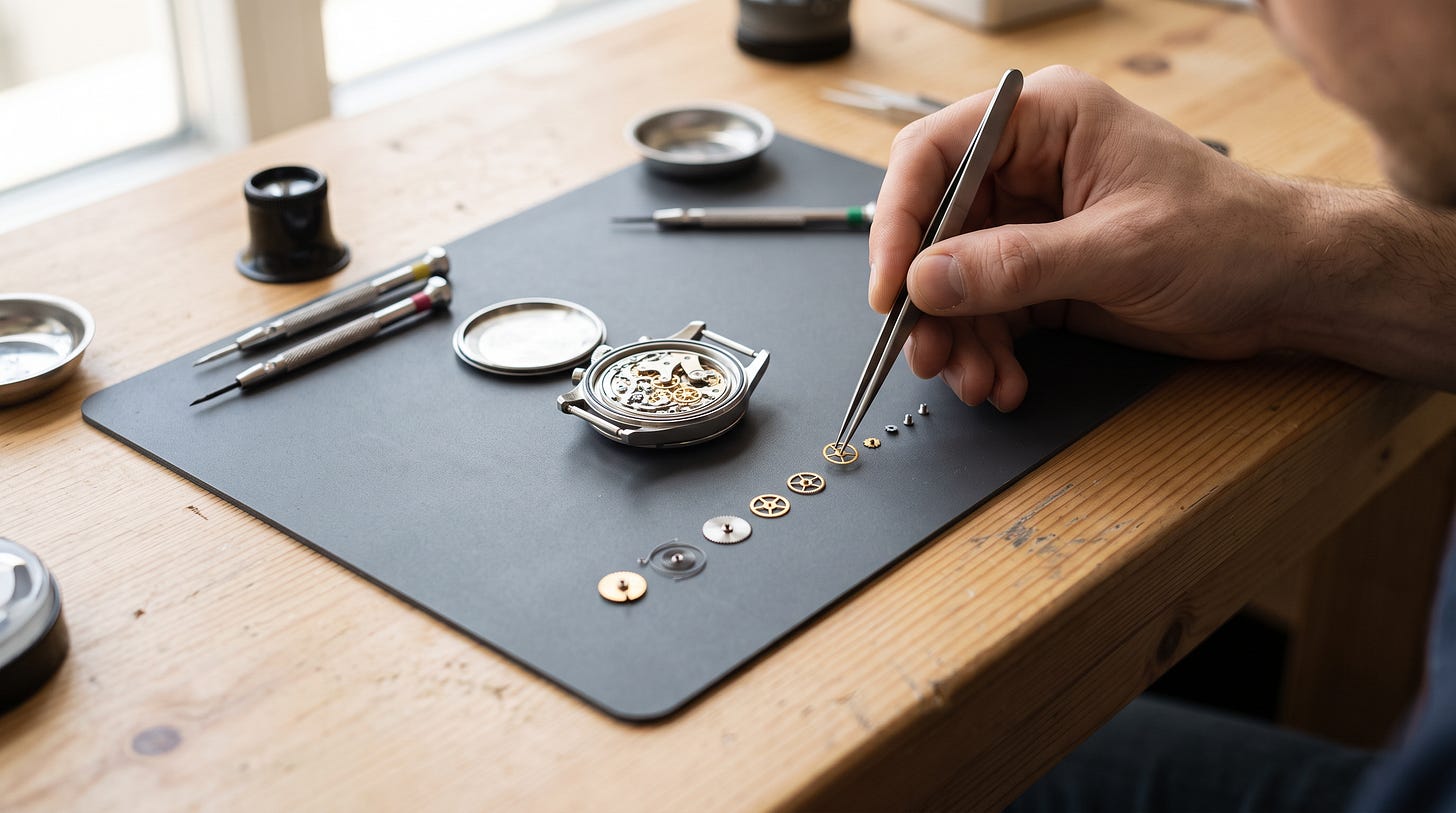 Een opengemaakt uurwerk op de werkbank, de onderdelen liggen op een rij en een pincet tilt er één tandwiel uit Een opengemaakt uurwerk op de werkbank, de onderdelen liggen op een rij en een pincet tilt er één tandwiel uit