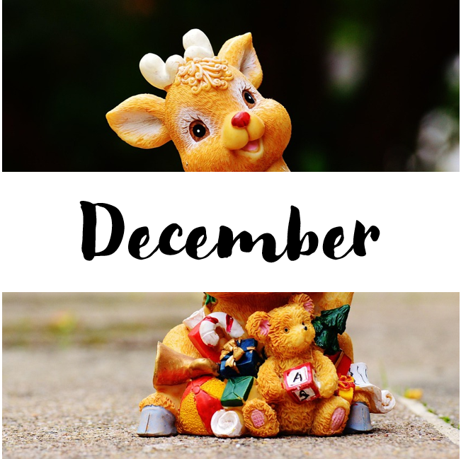 A smiling reindeer figuring. The text in a white banner reads "December"
