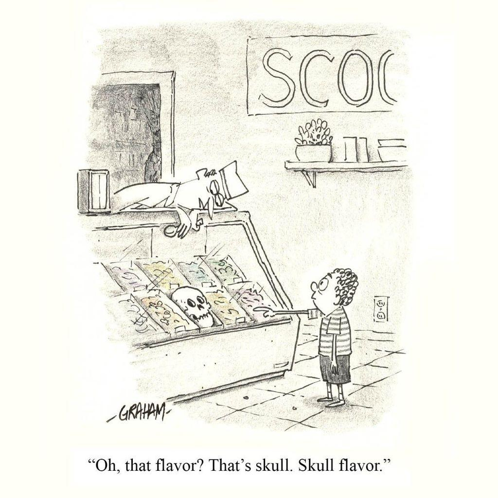 A cartoon illustration of a boy pointing at a skull inside the ice cream display as the clerk looks down and talks. Caption reads "Oh, that flavor? That's skull. Skull flavor." A cartoon illustration of a boy pointing at a skull inside the ice cream display as the clerk looks down and talks. Caption reads "Oh, that flavor? That's skull. Skull flavor."