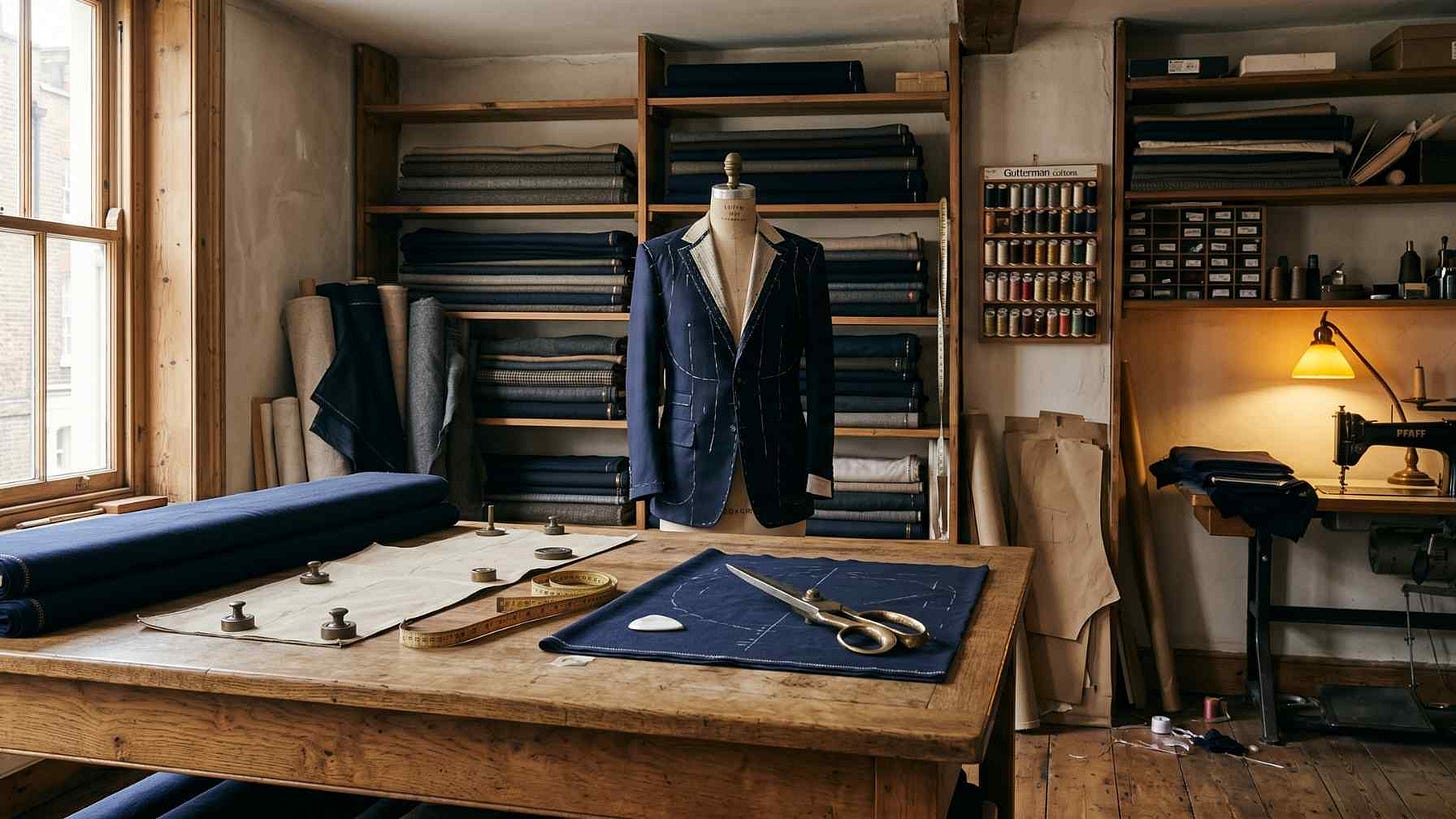 A wide editorial photograph of a traditional British bespoke tailoring workshop with cutting table, measuring tape, fabric, and a partially completed suit on a dummy — illustrating the fine-tuning advantage open-weight models provide over off-the-rack closed-source APIs