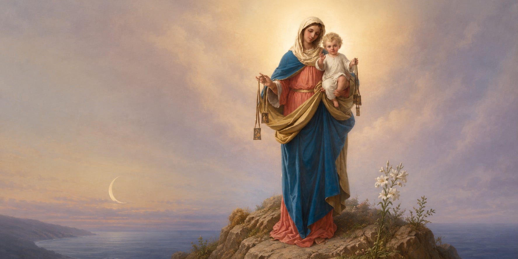 Classical sacred painting of Our Lady of Mount Carmel holding the Christ Child, who presents the Brown Scapular as a sign of Mary's loving care and guidance to Jesus. Classical sacred painting of Our Lady of Mount Carmel holding the Christ Child, who presents the Brown Scapular as a sign of Mary's loving care and guidance to Jesus.