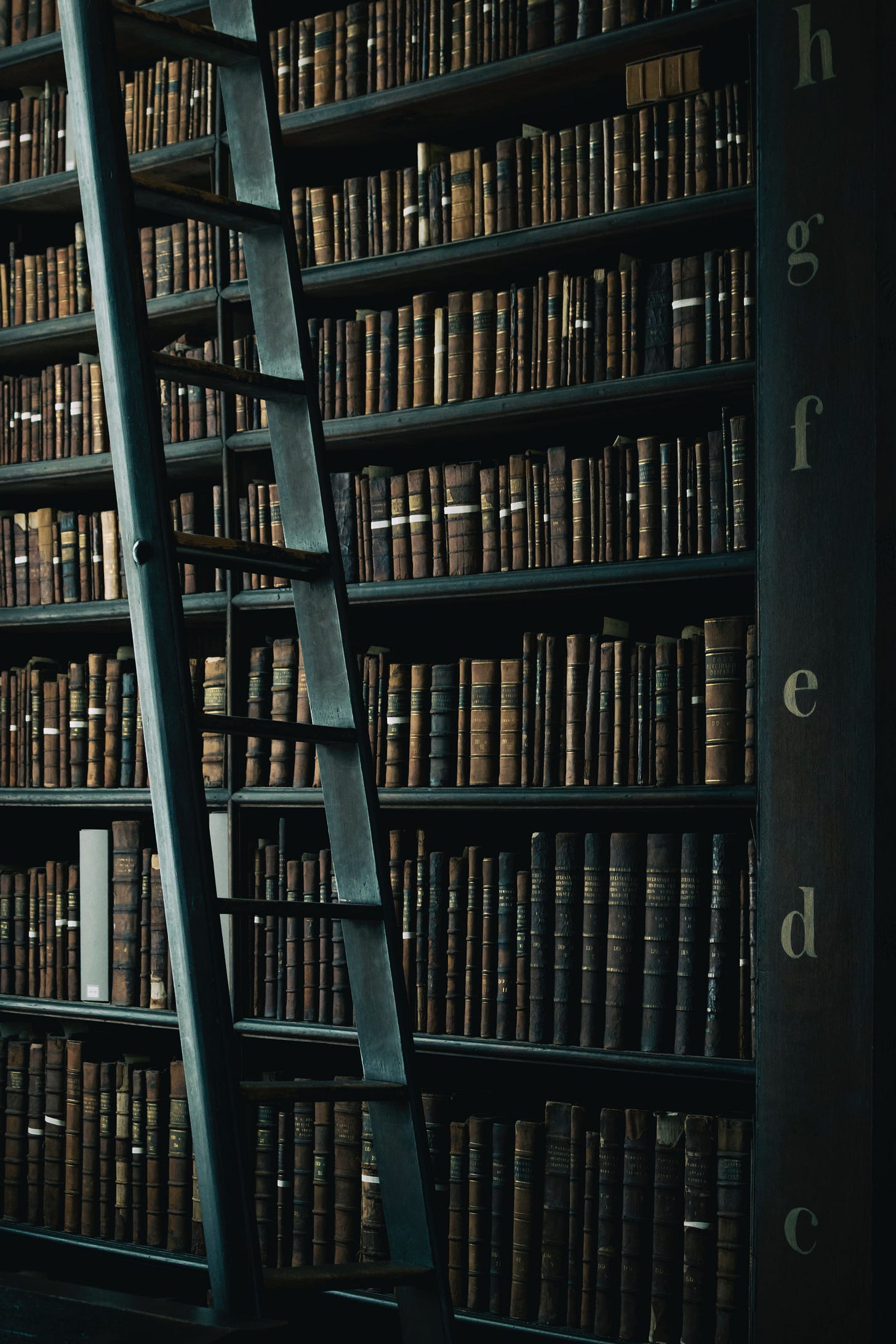floor to ceiling bookshelves with a ladder in front