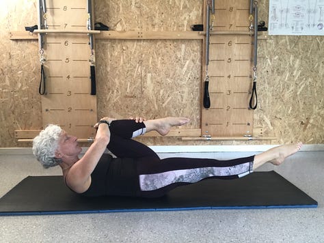 seven photos with a white haired woman in exercise clothing doing each of the Pilates exercises listed in the email
