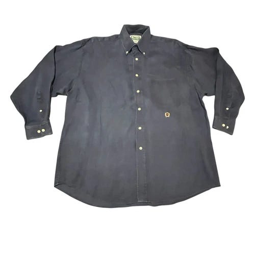 VTG Linen Shirt Men M Oversized Navy Button Down Embroidery Crest Logo Siegfried - Picture 1 of 9