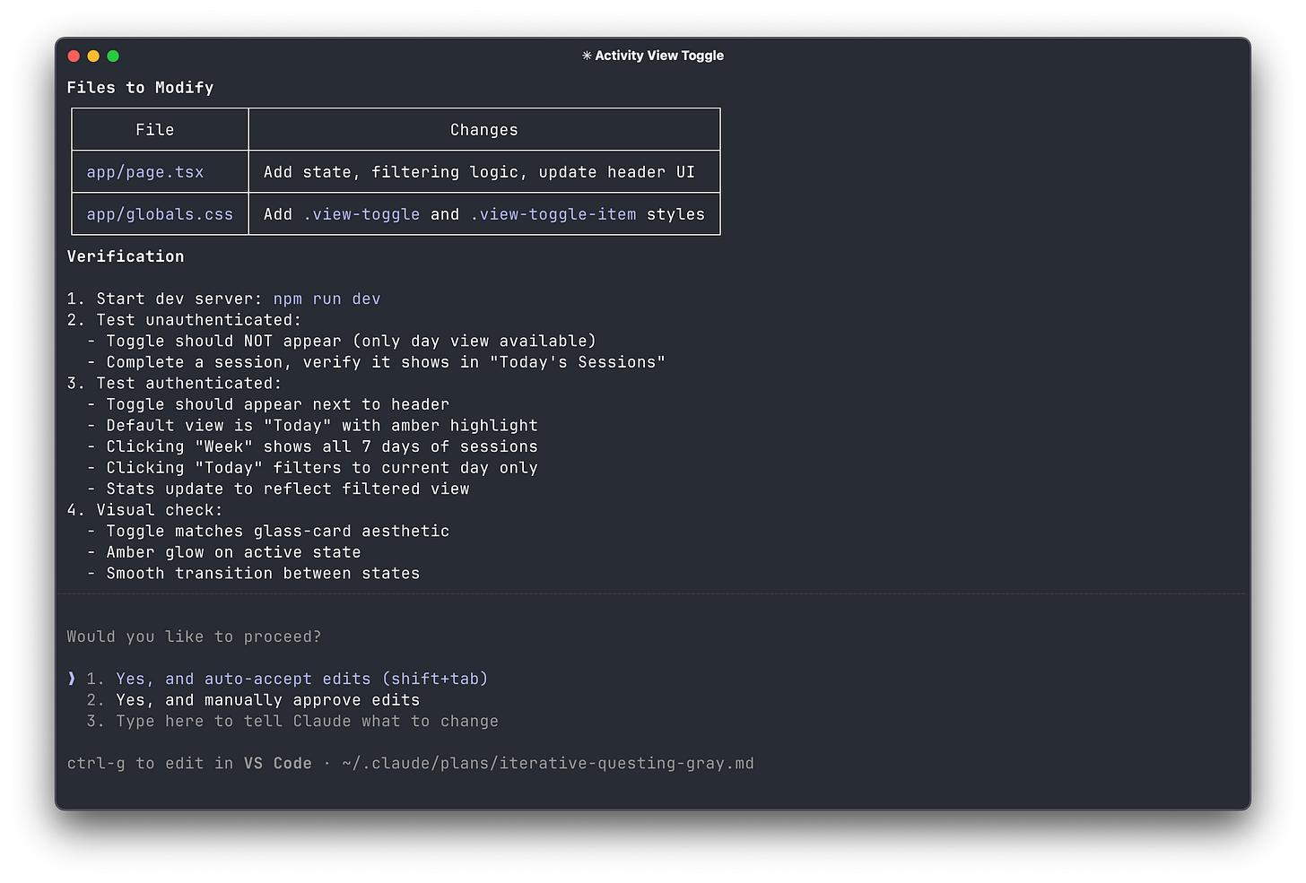 Claude Code showing its plan to the user and prompting the user for permission to proceed. Claude Code showing its plan to the user and prompting the user for permission to proceed.