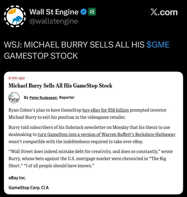 🚨 WSJ: MICHAEL BURRY SELLS ALL HIS $GME GAMESTOP STOCK : r/GME