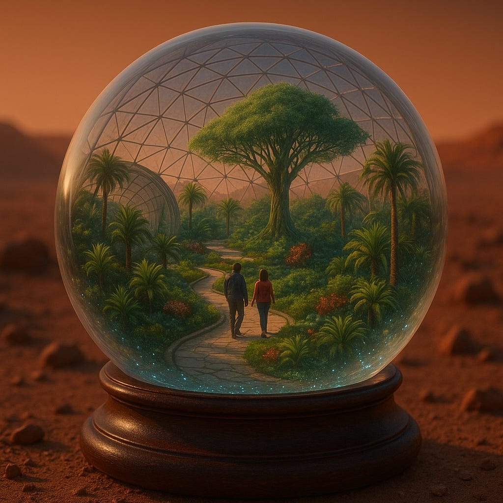 An AI-created image of a crystal ball sitting on a wooden plinth on the barren and rocky surface of a red-tinged planet. The ball is sowing a future vision of a garden created inside a geodesic dome, with lush tropical plants and mature trees. Two people stroll down a winding, paved path through the middle.