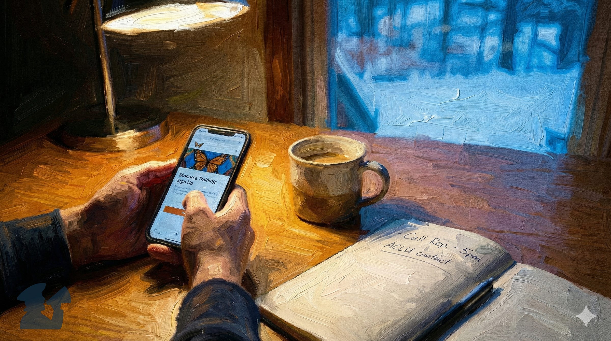 A digital oil painting shows hands holding a smartphone on a wooden desk, illuminated by a warm desk lamp. The phone screen displays a webpage for Monarca Training: Sign Up with a butterfly graphic. Beside it are a ceramic mug and an open notebook with handwritten notes: Call Rep. - 5pm and ACLU contact. A pen rests on the notebook. The background window reveals a blue, snowy winter scene. Brushstrokes are visible throughout the artwork.