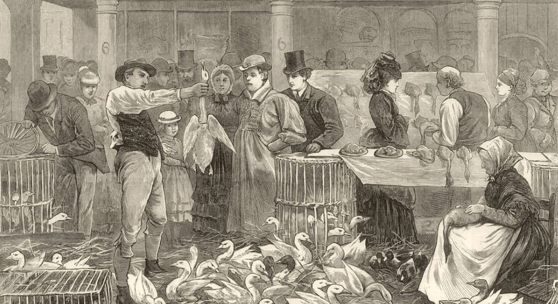 A black and white illustration of a goose sale with geese on the floor and people looking at a goose A black and white illustration of a goose sale with geese on the floor and people looking at a goose