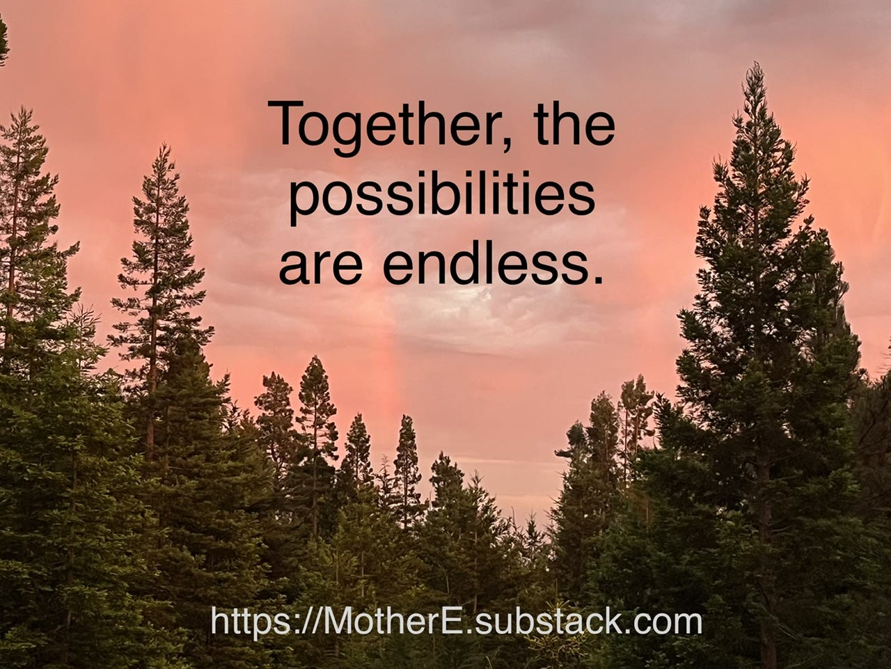 Sunset over redwoods with phrase Together the possibilities are endless