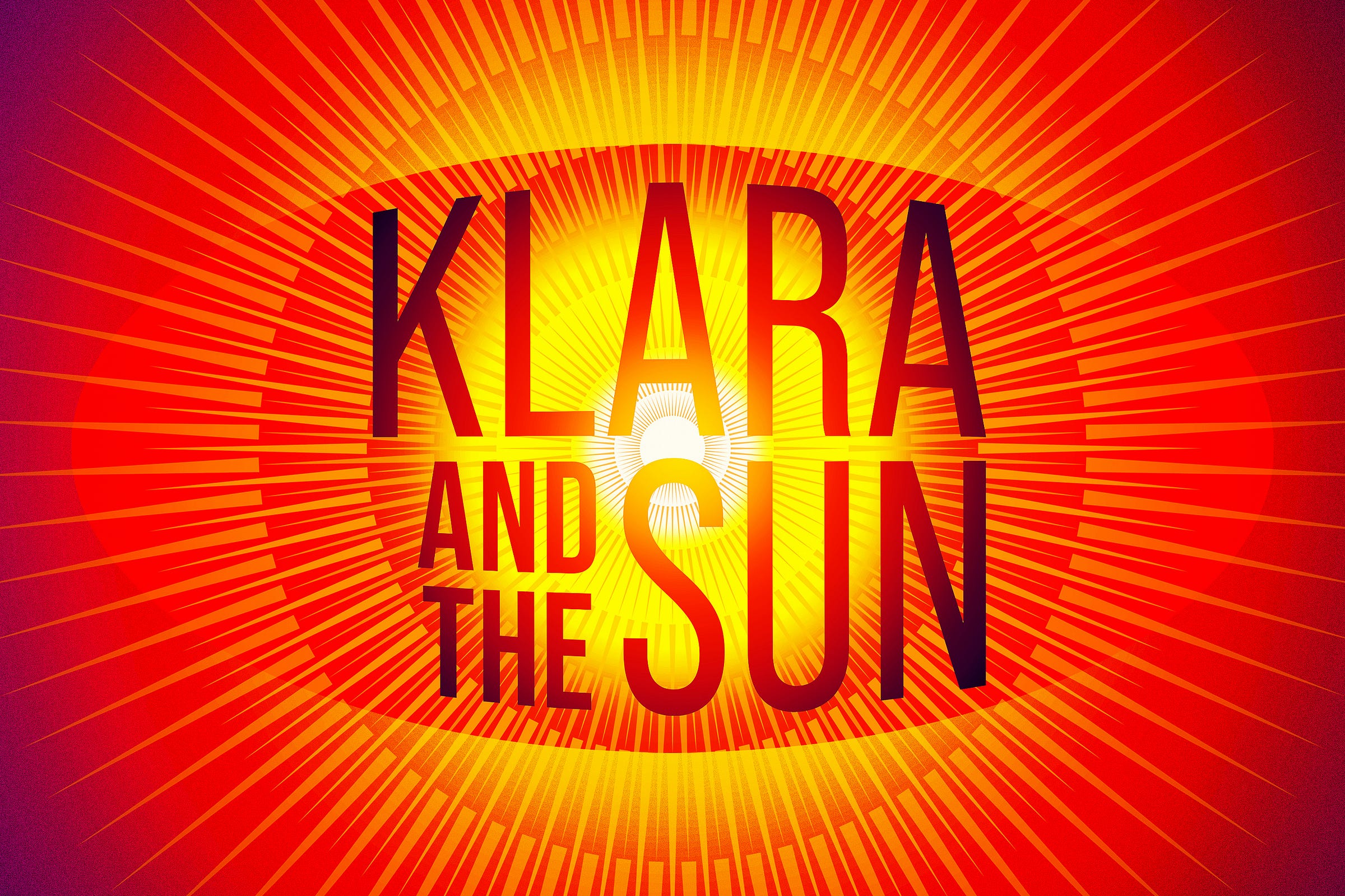 Illustration of the words “Klara and the Sun” over a complex geometric depiction of the sun in shades of orange, red, and purple.