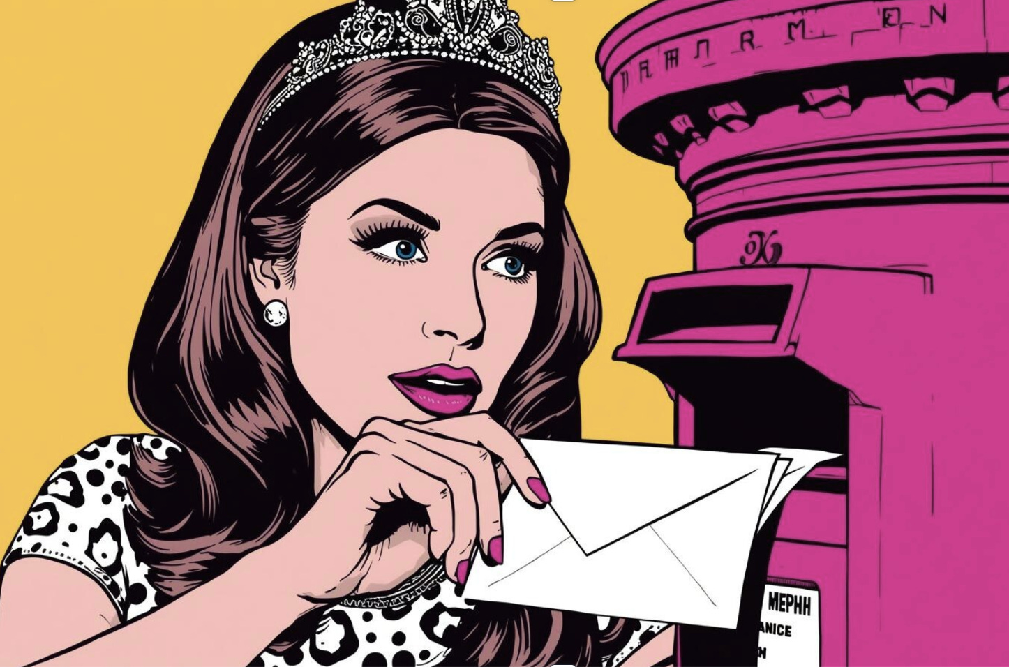 Lady with a tiara dropping a letter into a post box, pop art style