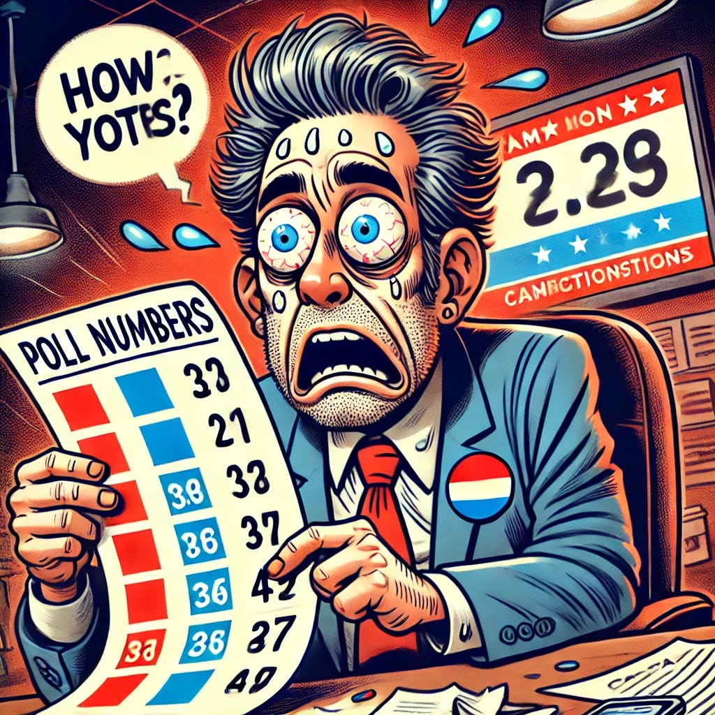 A cartoon-style digital illustration of a campaign manager looking at a sheet of paper with his eyes popping out of his head in disgusted surprise. His face shows exaggerated shock, with his mouth wide open and eyebrows raised high. The paper he is holding displays confusing or disastrous poll numbers. The background is a messy campaign office with scattered documents, coffee cups, and a flickering TV screen showing election updates. The color scheme includes bold and vibrant tones to emphasize the dramatic reaction.
