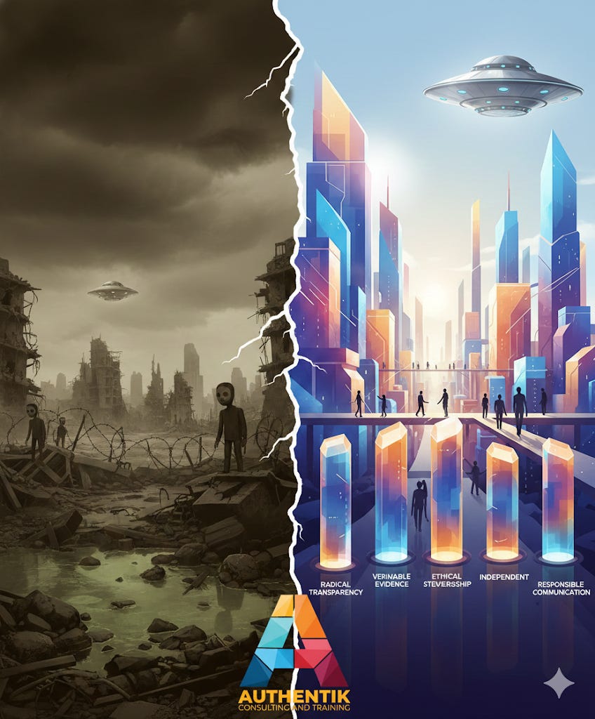 A split screen with one side showing an apocalyptic hellscape and the other showing an advanced utopia with 5 pillars featured in the article holding it up.