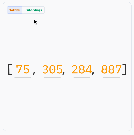 Animation. Starts in tokens mode with an array of 75, 305, 24, 887 - clicking embeddings animates those into a 2D array showing each one to be composed of three floating point numbers. Animation. Starts in tokens mode with an array of 75, 305, 24, 887 - clicking embeddings animates those into a 2D array showing each one to be composed of three floating point numbers.