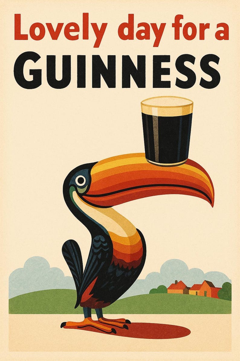 May include: A vintage-style poster featuring a toucan balancing a pint of Guinness. The toucan has a large, colorful beak and is set against a cream background with the text "Lovely day for a Guinness" in red and black.