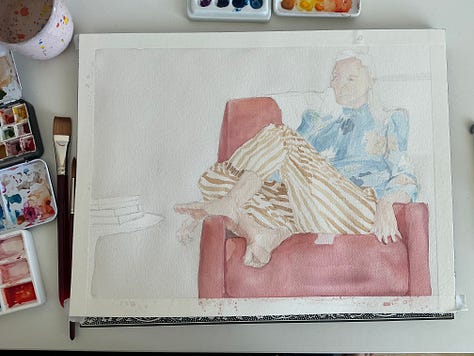 Sketch, a watercolor, and an underpainting in transparent red oxide of a woman relaxing in chair