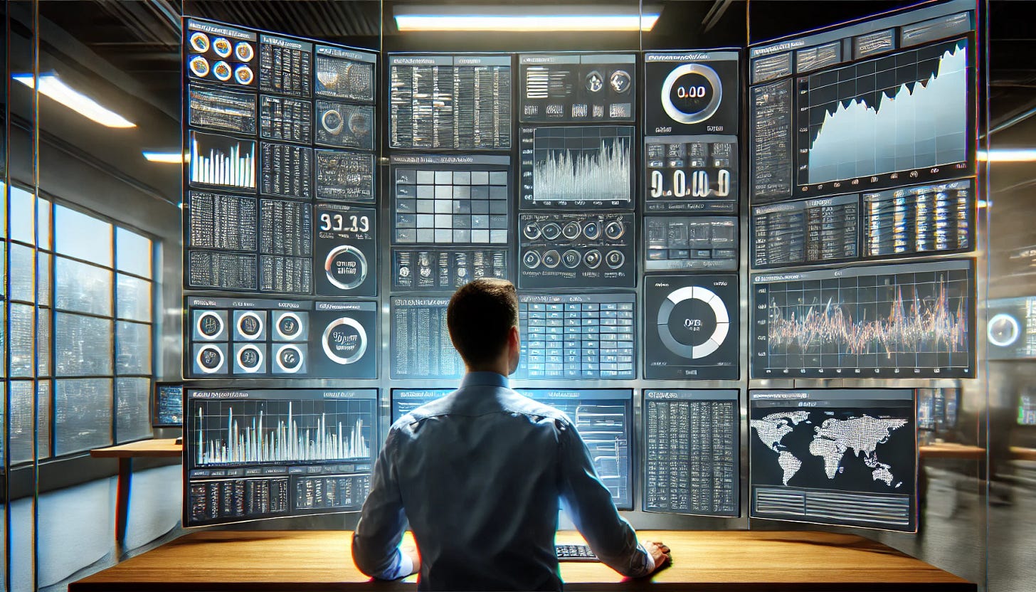 Person analyzing large data dashboard across multiple screens in a modern workspace. 