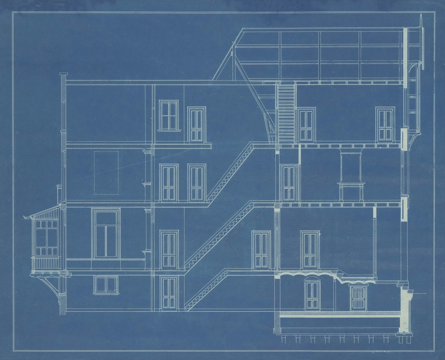 white drawing on a blue background showing a 3-story house with lots of windows and stairs