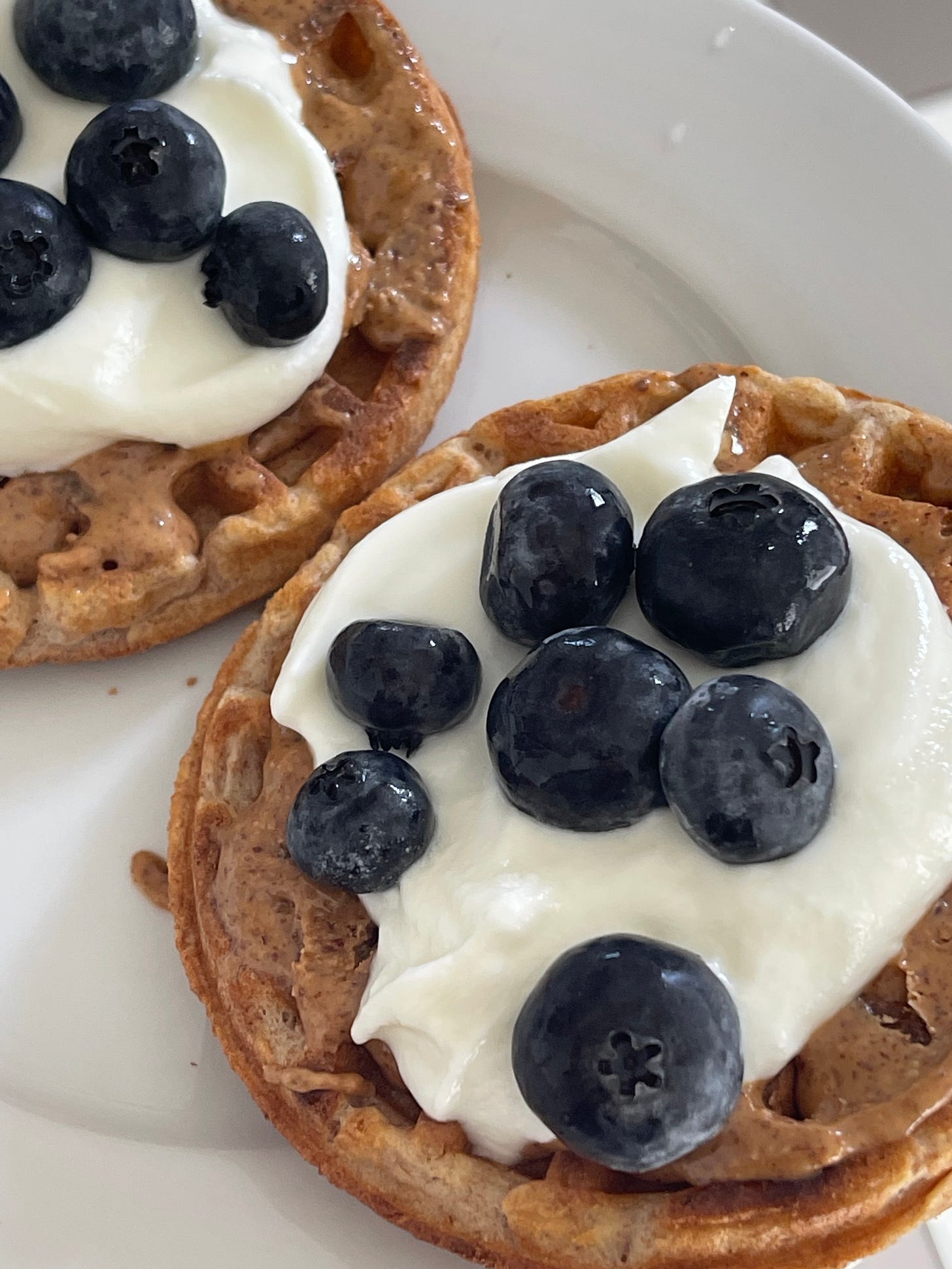 Waffles, Almond Butter, Yogurt, Blueberries