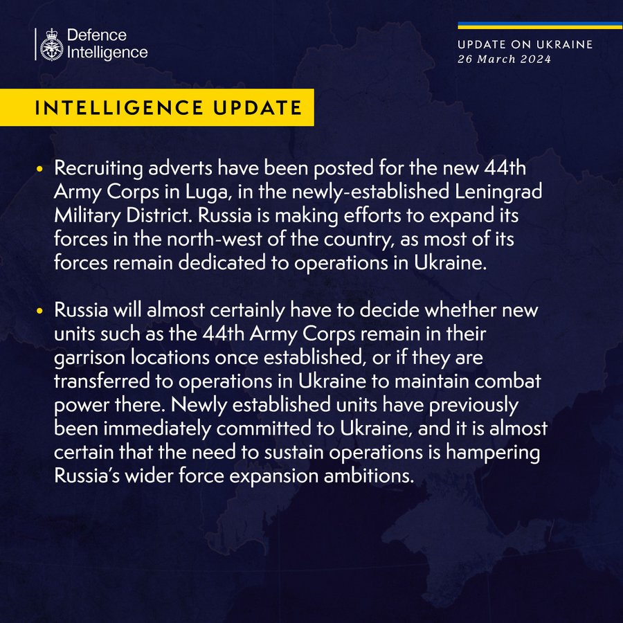 Recruiting adverts have been posted for the new 44th Army Corps in Luga, in the newly-established Leningrad Military District. Russia is making efforts to expand its forces in the north-west of the country, as most of its forces remain dedicated to operations in Ukraine.

Russia will almost certainly have to decide whether new units such as the 44th Army Corps remain in their garrison locations once established, or if they are transferred to operations in Ukraine to maintain combat power there. Newly established units have previously been immediately committed to Ukraine, and it is almost certain that the need to sustain operations is hampering Russia’s wider force expansion ambitions.