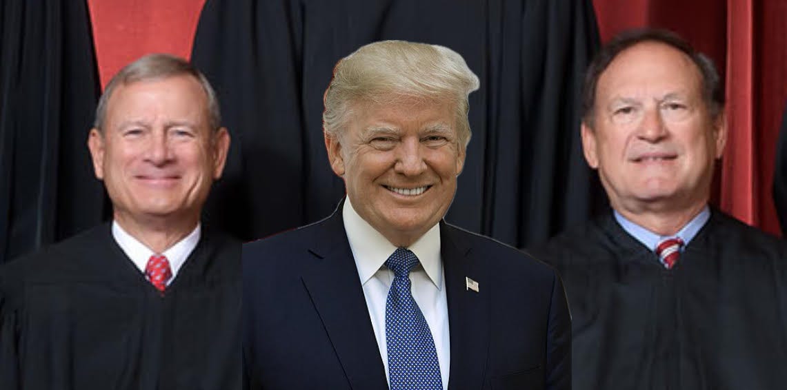 Chief Justice John Roberts and Justice Sam Alito in their Supreme Court portrait, with Donald Trump inset and superimposed between them.