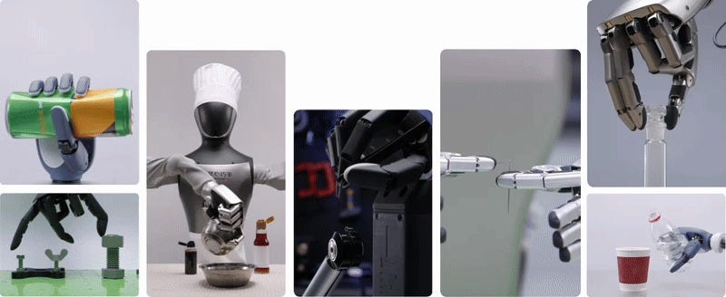 Linkerbot robotic hands handling objects and performing fine manipulation in a montage of company demonstrations.