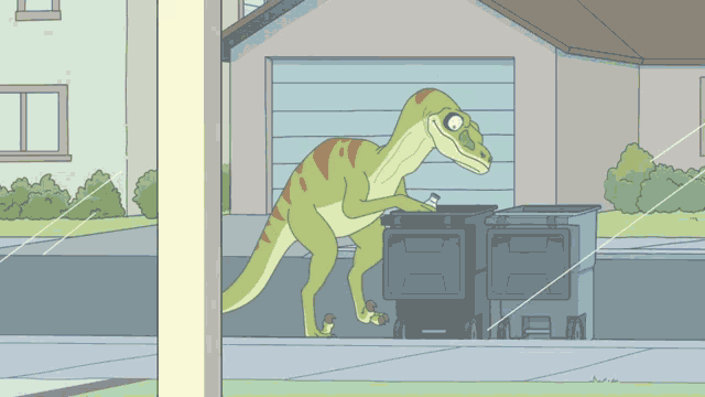 a cartoon of a dinosaur pushing a garbage cart