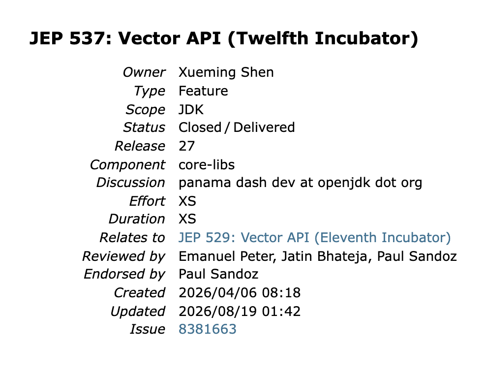 JEP 537: twelfth incubator, effort XS, no substantial implementation changes since JDK 25. JEP 537: twelfth incubator, effort XS, no substantial implementation changes since JDK 25.