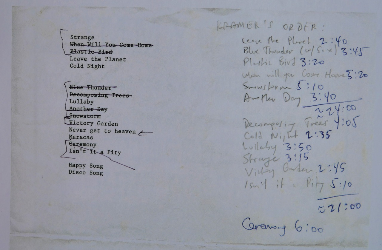 Working out the order for On Fire - you can see mention of some of the tracks that never made it to the album, but finally made it onto the new Uncollected Noise New York '88-'90 release