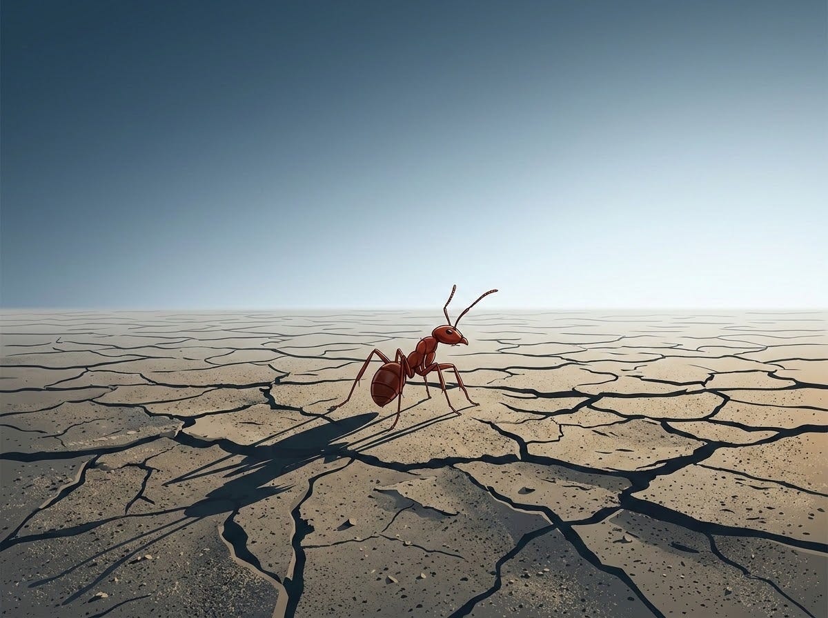 A high-detail close-up of a solitary red ant standing on a vast, desolate desert expanse of cracked earth and sand under a clear, empty, and hauntingly expansive sky.