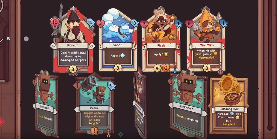 Cards from a game display characters like Bignam, Snoof, and Mini Mika with unique abilities. Bright colors and symbols accentuate the fantasy theme.