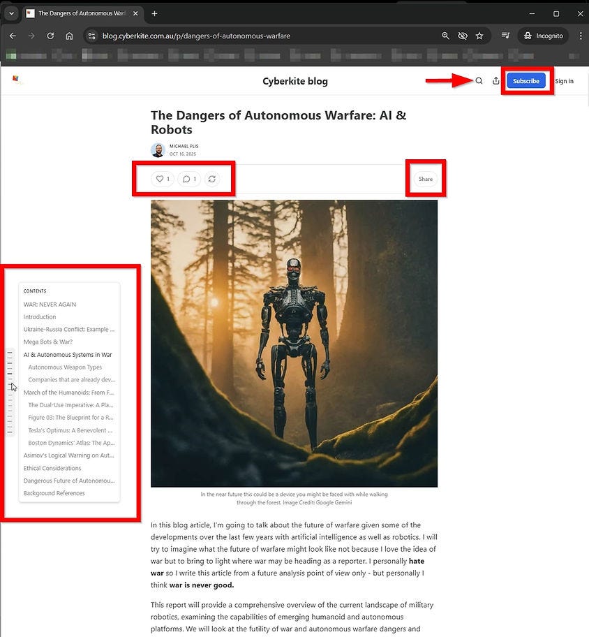 Cyberkite blog webpage titled "The Dangers of Autonomous Warfare: AI & Robots," featuring an image of a humanoid robot in a forest setting.