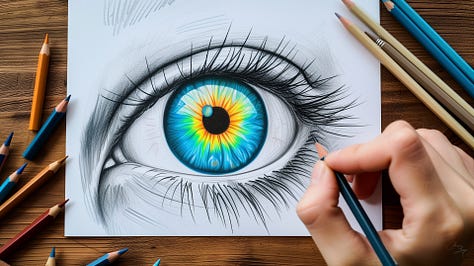 Several different drawings showing a human hand drawing a realistic looking human eye.