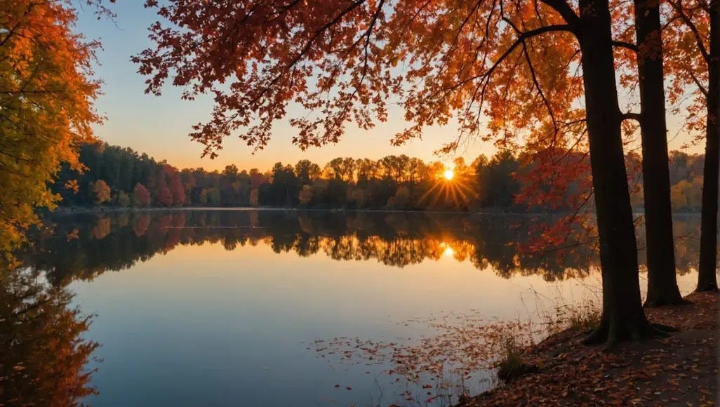 A serene autumn scene featuring a tranquil lake reflecting a vibrant sunset, symbolizing peace and tranquility in end-of-life care.