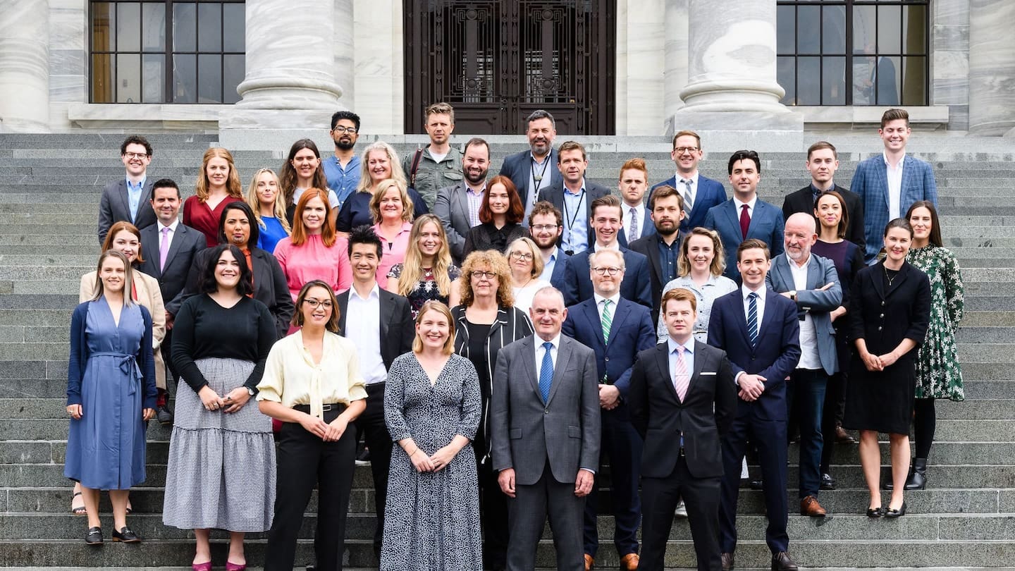 The 2020 official Press Gallery photo with Speaker Trevor Mallard. Photo / Mark Coote