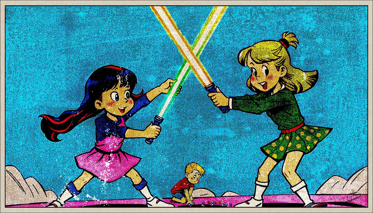 Two girls sword fight while lonely boy plays in the distance
