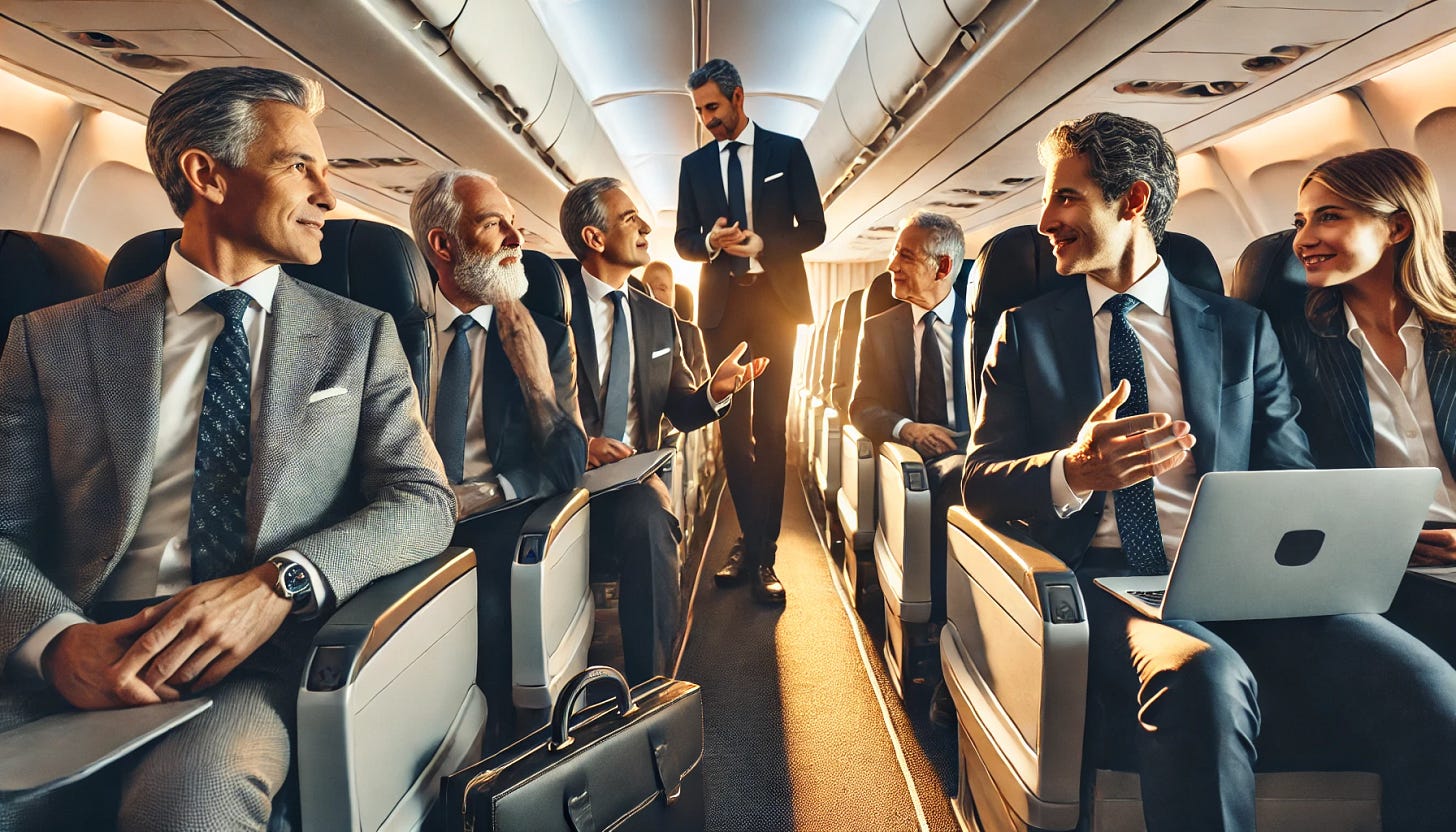 Inside an airplane during early morning boarding, with middle-aged and older individuals of Italian descent, dressed in formal business attire, seated or standing in the aisle, carrying laptops and briefcases. They are engaged in animated discussions about a business deal. The cabin is modern, with soft dawn light streaming through the windows, creating a warm and professional atmosphere.