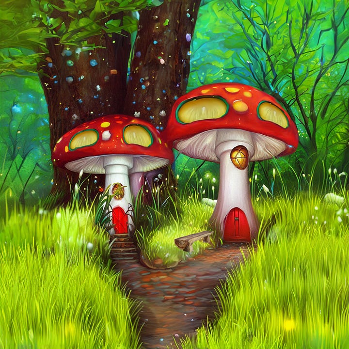 Twin Mushroom house located in a forest.