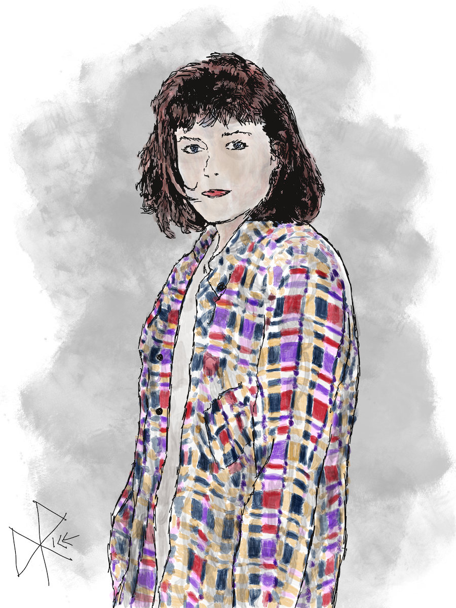 A woman in a casual vibrant plaid button-up shirt stands with her hair done and face makeup completed. Sketch art by Don Rice. A woman in a casual vibrant plaid button-up shirt stands with her hair done and face makeup completed. Sketch art by Don Rice.