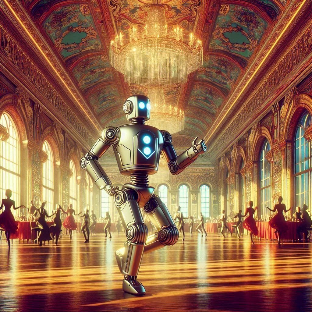 robot dancing in an oppulent ballroom, sci-fi drawing robot dancing in an oppulent ballroom, sci-fi drawing