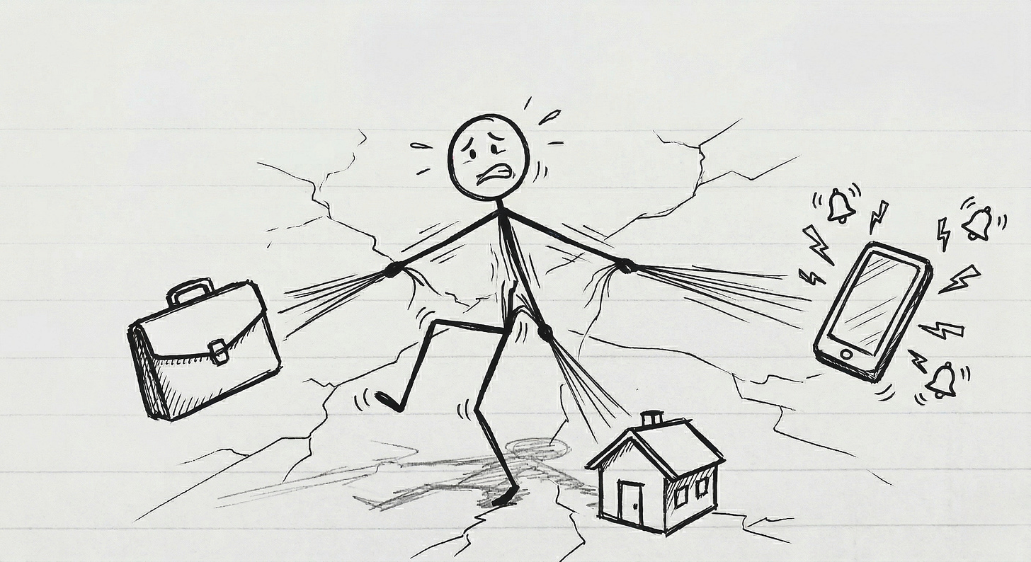 Stick figure being pulled in three directions by a briefcase, a smartphone with notifications, and a house, with cracks forming beneath their feet.