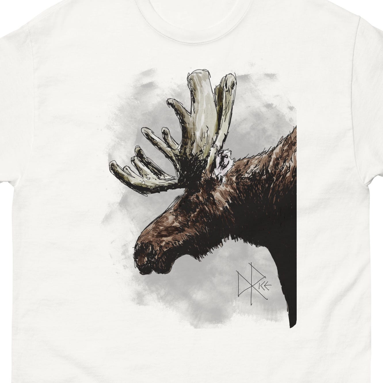 Close-up of the head and shoulder of a moose, looming regally. Sketch art by Don Rice. Close-up of the head and shoulder of a moose, looming regally. Sketch art by Don Rice.