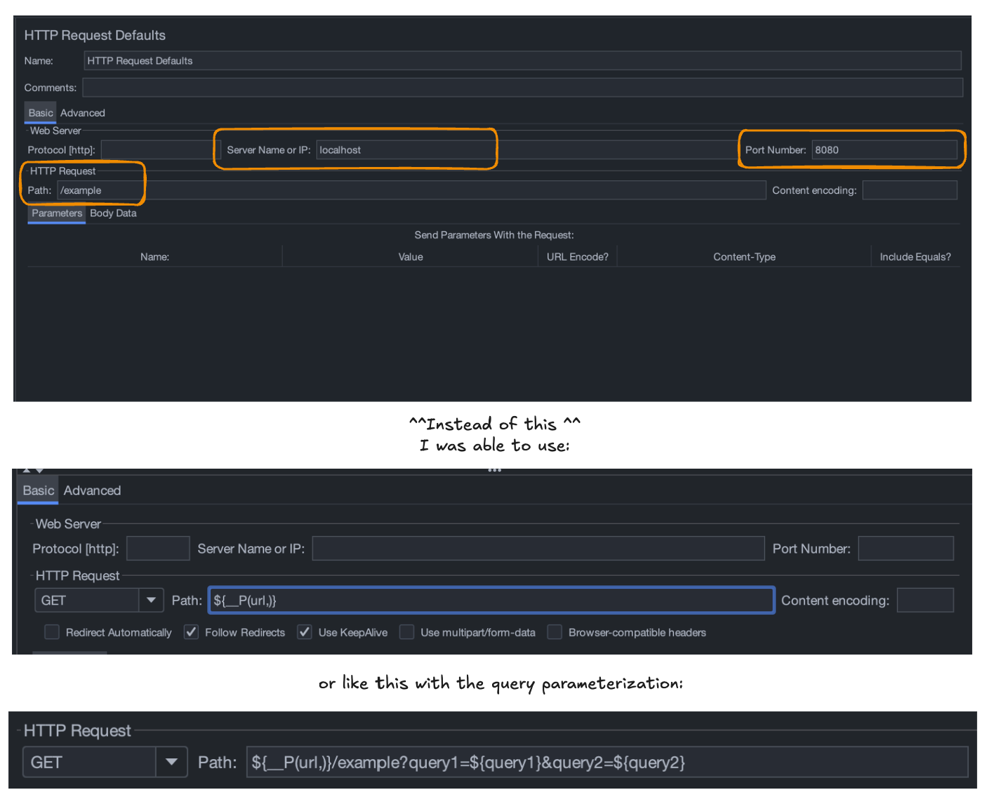JMeter examples showing the usage of parameterization using the path field only for an HTTP request as opposed to the protocol, server name or IP, and Port number.